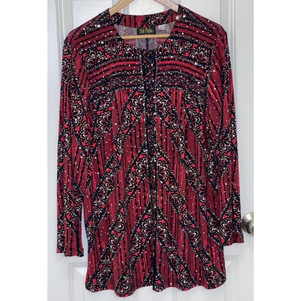 Bob‎ Mackie Wearable Art Top Tunic Women’s Red Black Rhinestones Embellished 1X